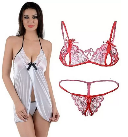 Women's Bra & Panty Set Self Design Silver, Red Lingerie Set (Size 32)